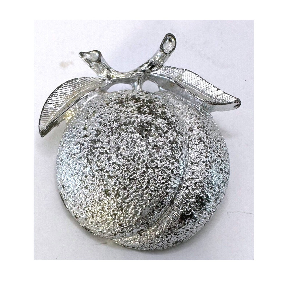 Vintage Monet Silver Tone Peach Fruit Brooch Pin Sparkling Rhinestone Accent